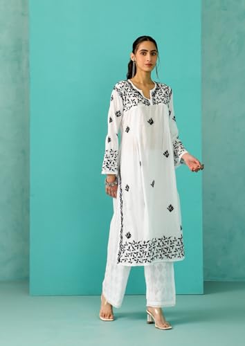 Image of Chandni Chikankari Cotton Straight Kurta |Chikankari | Chikankari Kurta | Chikankari Short Kurti | Lucknowi Chikankari Kurti (HCKUWI23121)