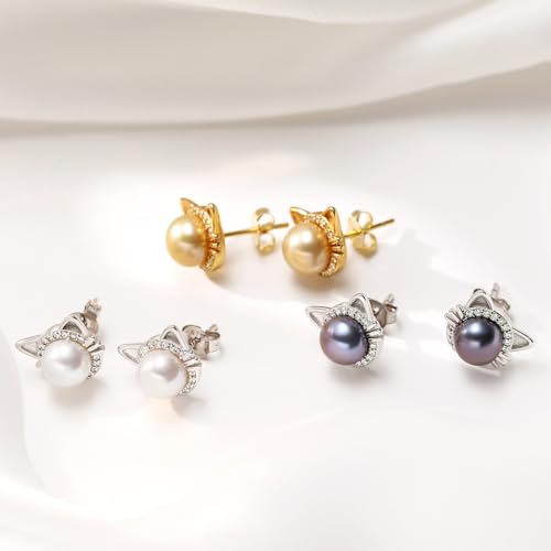 Cat Pearl Earrings - Sterling Silver Blue/Black/Gold/White Cultured Pearl Stud Earrings, Cute Small Animal Jewelry Gifts for Women Cat Lovers2