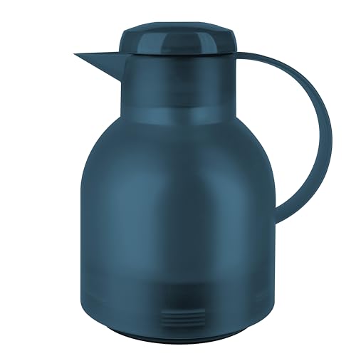 Emsa Samba Isolierkanne, 1 Liter Fassungsvermögen, Quick Press Verschluss, 100% dicht, 12h heiß und 24h kalt, mit Glaskolben, made in Germany, Transluzent/Ozeanblau, N4015900