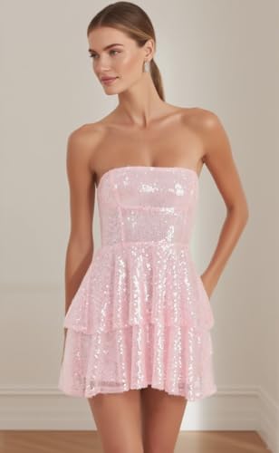 Strapless Homecoming Dresses for Teens Short Sparkly Sequin Tiered Prom Dress Ruffle Cocktail Party Gown for Women3