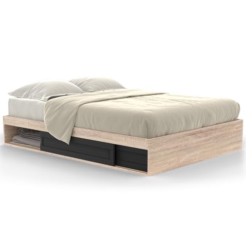 IDMarket - Cadre de lit Double Salem avec rangements et sommier 140 x 190 cm façon hêtre et Noir