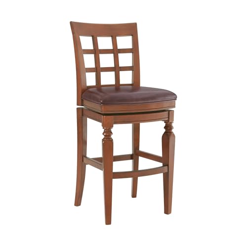 Alaterre Furniture Napa Bar Height Swivel Stool with Back – Faux Leather Upholstered Seat Barstool with Memory Return, Turned Wood Legs, Lattice Back Design, and Metal Kick Plate for Kitchen Islands