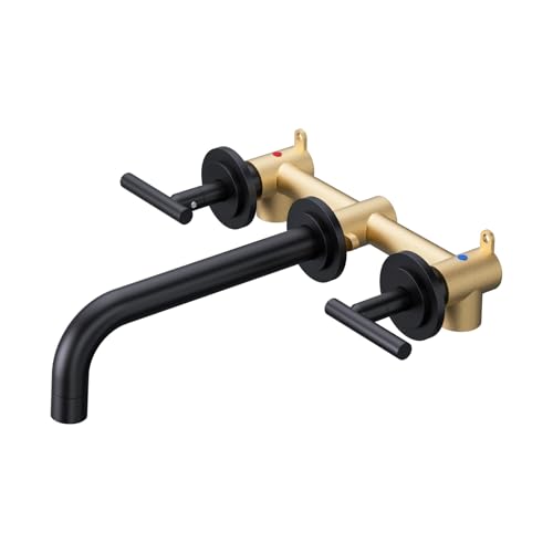 WOWOW Matte Black Bathroom Faucet, 2 Handle Wall Mount Bathroom Faucet and Rough-in Brass Valve Included, Vessel Sink Faucet Wall Mounted 3 Holes Elegant Classic Spout