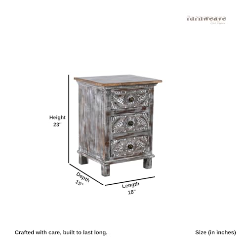 Image of Wooden Bedside Table for Bedroom | Solid Wood Seri Bedside Table with Drawers | Corner Side Table for Living Room | Traditional Handcrafted Furniture for Home Decor (Dark Grey Distress)