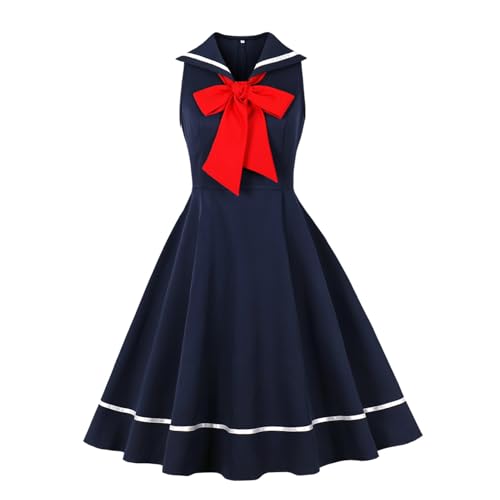 Womens Nautical Sailor Collar Dress 50s Striped Vintage Cocktail Party Swing Dresses Fourth of July Outfit Women 1950s Audrey Hepburn Rockabilly Women Casual Work Dress Navy Blue XX-Large