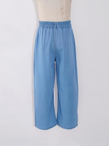 Girls Jeans Kids Ripped Denim Elastic Waist Wide Leg Pants with Pockets 5-16 Years4