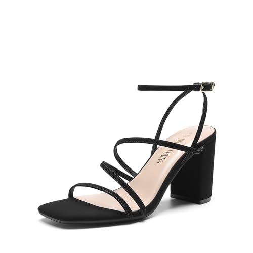 DREAM PAIRS Women's Heels Chunky Block Strappy Square Open Toe Ankle Buckle Heeled Sandals Wedding Party Dress Shoes Indie 6.5 Black-nubuck