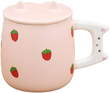 seelucky Taza de fresa con tapa, cuchara 3D, taza de café de cerámica, taza de té de conejo, regalo de cumpleaños, oficina y hogar (fresas de