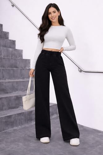 Image of ADBUCKS Women's Stretch Denim Wide Leg Jeans Comfort Fit with Elastic Waistband, Straight Cut, Casual Style for All Seasons, Versatile Clothing