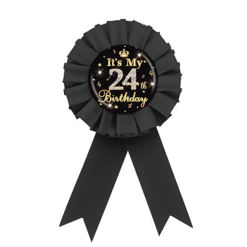 Image of It's My 24th Birthday Tinplate Badge Pin, Gold Diamond Happy 24th Birthday Button Pin, 24 & Fabulous Birthday Black Rosette Award Ribbon Pin for Women, Brooch Buttons for Twenty Four Years Old