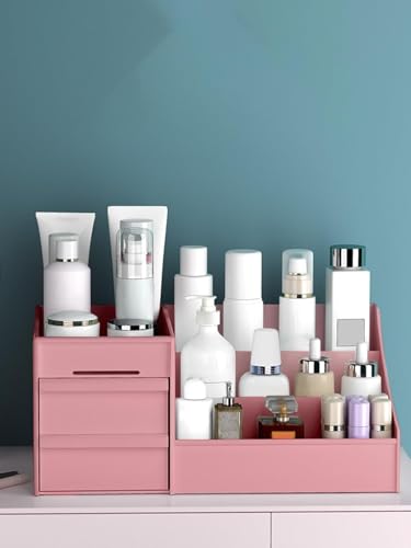 Image of Plastic Versatile Cosmetic Organizer Box With Drawers And Vanity Brush Holder Makeup Storage For Women Lipsticks, Skincare, Brushes, Eyeshadows, Lotions, Nail Polish, Stationery, White (PINK)