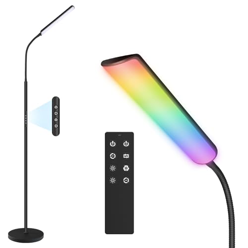 Dimunt LED Floor Lamp, 15W Super Bright RGB Corner Lamp, 3000K-6500K 4 Color Temps Dimmable Floor Lamp, Remote & Touch Control, 1 Hour Timer, Adjustable Gooseneck Standing Lamp for Living Room Home