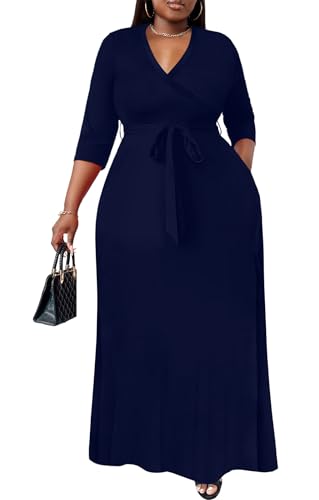 Image of Nmoder Plus Size Maxi Dress for Women - Summer Casual 3 /4 Sleeve Floral Flowy Long Dress with Belt XL- 6XL