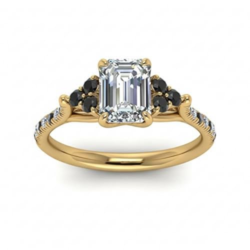 Image of Choose Your Gemstone Emerald Cut Petite Cathedral Diamond CZ Ring Yellow Gold Plated Emerald Shape Petite Engagement Rings for Women, Girls and Ladies US Size 4 to 12