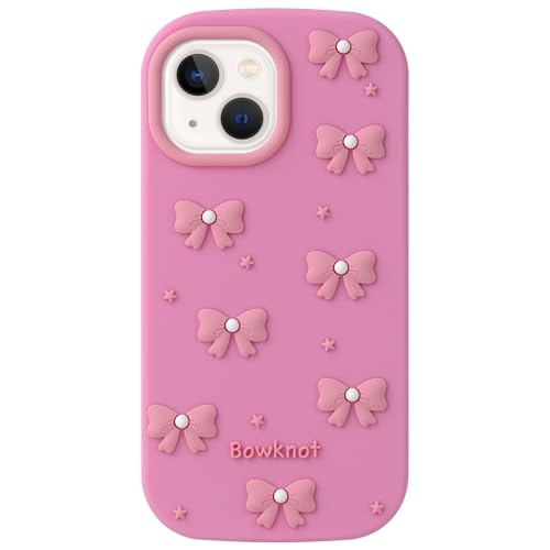 Mouzor Cute Phone Case Compatible with iPhone 13/14/ 15, Bow 3D Cartoon Soft Silicone Shockproof Cases Cover for Girls Women, Dark Pink