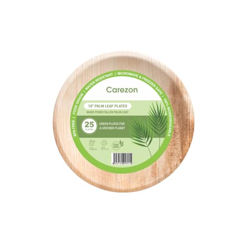 Carezon Disposable Palm Leaf Plates (25pcs) 10(25cm) Large Round, Eco Friendly, Microwave & Freezer Safe, Compostable Like Wooden, Bamboo Paper Plates for Hot Food, Wedding Picnic Parties