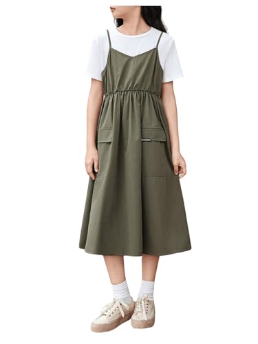OYOANGLE Girl's 2 in 1 Colorblock Round Neck Short Sleeve A Line Flowy Midi Dress with Front Pockets