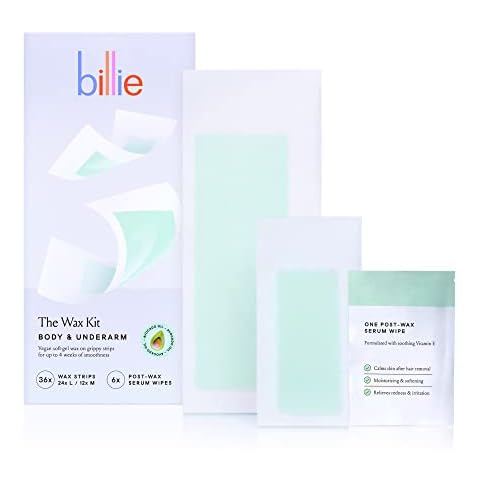 Billie Wax Kit - Body & Underarm - Easy & Convenient - No Heat - Made With Aloe & Avocado Oil - Vegan Soft-Gel - 36 wax strips - 6 post-wax serum wipes Cover