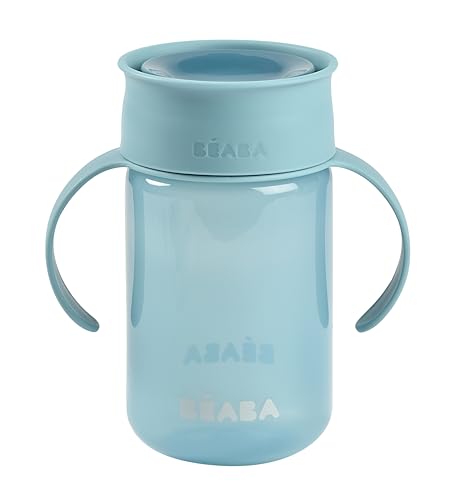 Béaba, Taza de aprendizaje 360° con disco antigoteo, sistema patentado antifugas, a partir de 12 meses, asas extraíbles, con tapa higiénica, sólida y ligera, 340 ml, azul