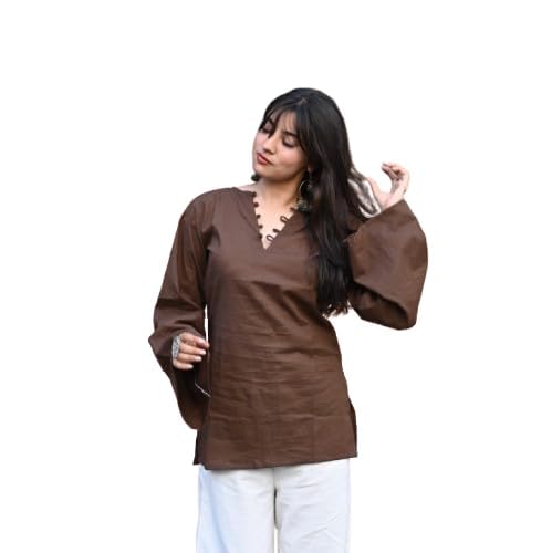 Women's Brown Cotton Kurti Top with Embroidered V-Neck, Full Sleeves Casual Ethnic Tunic, Office Wear, College Wear and Festive Occasions-image-23