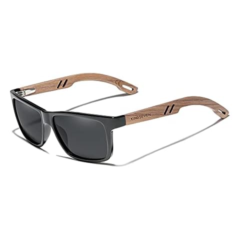 KINGSEVEN Design Wood Polarized Rectangular Sunglasses for Men, Walnut Wooden Frame Mirrored Glasses for Driving W5508 (Black) Cover