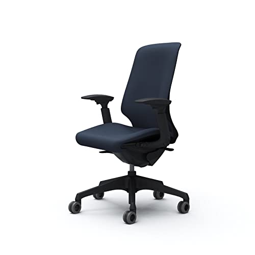 オカムラ オフィスチェア スフィア 可動肘 ハイ 座面奥行調整あり (ボディ)ブラック (張地)リネット:ダークブルー