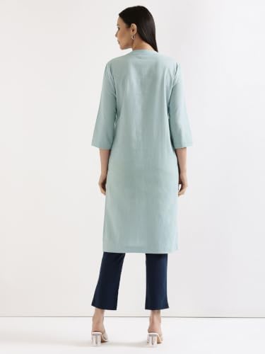 Image of SAADAA Women Airy Linen Long Kurta | Mandarin Collar 3 /4th Sleeve Kurta | Regular Fit Ethnic Wear for Women | Casual, Festive & Office Wear