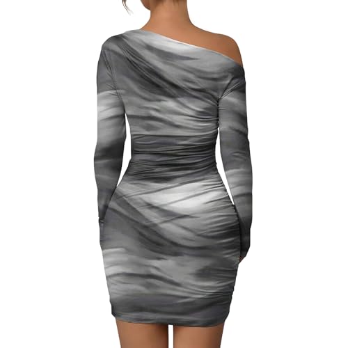 Image of Women's Long Sleeve Bodycon Mini Dress Tie Dye Print Slim Fit Asymmetrical Neck Elegant Formal Ruched Short Dresses