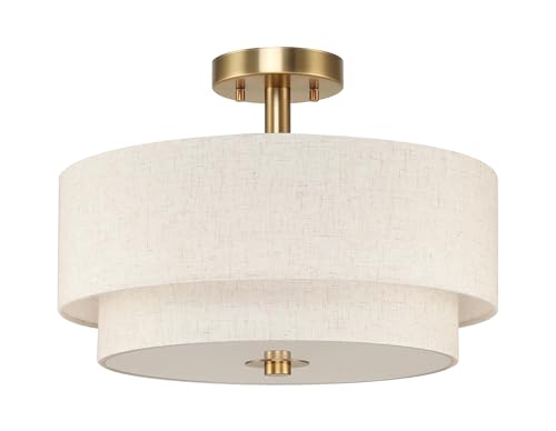 XiNBEi Lighting 16inch Semi Flush Mount Ceiling Light, 3-Light Brass Double Drum Light Fixture with Linen Shade Close to Ceiling Lamp for Bedroom Living Room Kitchen XB-SF1289-BS - Image 3