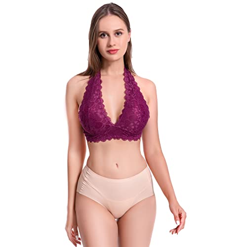 Image of Floral Lace Halter Bra Bralette Top Hook and Eye Closure Back Unpadded Wirefree Lace Bra