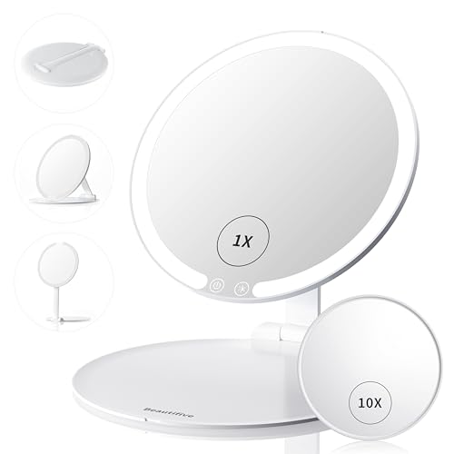 LED Travel Lighted Makeup Mirror with 10 Magnifying Small Mirrors, Rechargeable Portable Hall Sensor Light up Mirror with Adjustable Stand, 3 Colors Modes and Stepless Brightness