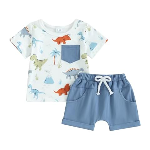 Toddler Baby Boy Clothes Summer Dinosaur Short Sleeve T Shirt Top Shorts Cute Baby Boy Outfits Clothing Set (Blue Dinosaur Shirt, 12-18 Months) Cover