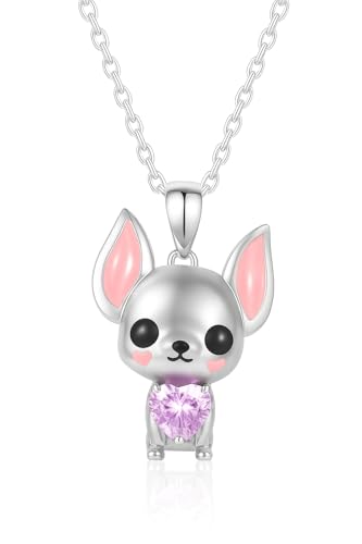 Collier chihuahua en argent massif et cœur en cristal rose d'une clarté absolue