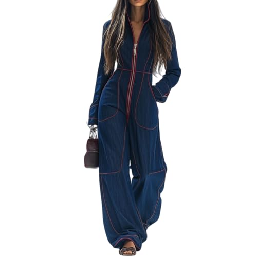 Women’s Zip up Jumpsuit, Casualloose Retro Red Topstitcheddenim Wide Leg Long Sleevejumpsuit, Pockets Overalls Streetwear (Blue,Medium)