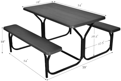 AZTCLIGHT Giantex Picnic Table Bench Set Outdoor Camping All Weather Metal Base Wood-Like Texture Backyard Poolside Dining Party Garden Patio Lawn Deck Large Camping Picnic Tables for Adult (Black)