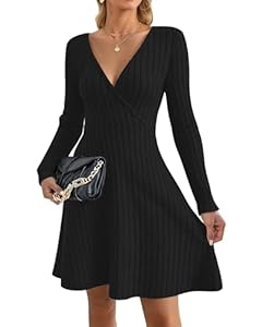 AUSELILY Strickkleid Damen Herbst Leichte Langarm V-Ausschnitt Winterkleid A Linie Elegant Herbstkleid Knielang Kleid Midi Pulloverkleid Tunikakleid Schwarz S
