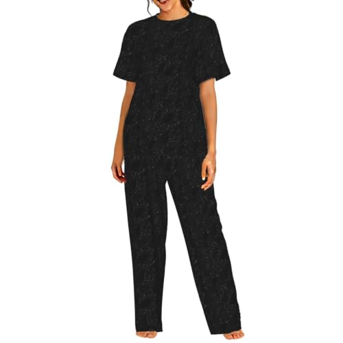 Pyjama court femme noir ensemble nuit manches courtes motif brillant