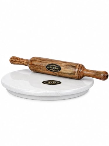 Image of Luxe Craft 10 Inch White Marble Chakla Belan Set for Roti Making | Premium Kitchen Rolling Board with Wooden Belan | Heavy Marble Chapati Board for Indian Kitchen Smooth Surface Durable Easy to Clean