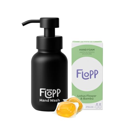 Flopp - Kit Inicial de Jabón de Manos Espuma Sostenible – Incluye Botella de Cristal Negro Reutilizable de 250ml y Recarga de 2 Cápsulas Solubles, Fragancia Lotus Flower, Ecológico e Hidratante