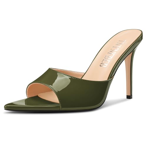 Image of TNYNFBEB Womens Stiletto High Peep Open Pointed Toe Sandals Mules Shoes Slip-on Slingback Office Party Dress Patent Leather Summer 3.9 Inches Heels