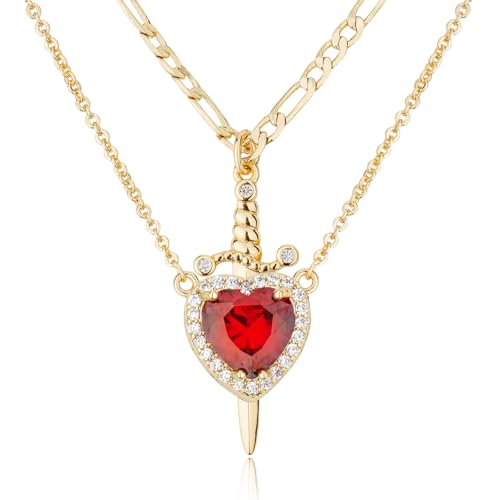 Matching Necklace for Couples 14K Gold Silver Plated Sword and Heart Necklaces Trendy Set Dainty Zirconia Chain Pendant Jewelry Gifts for Him and Her