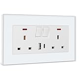 BSEED Double Socket 13A with 2 USB A and USB C 18W, Double Switched Socket 2 Gang UK Standard, Switched Outlet with Glass Panel, Electric Power Outlet White