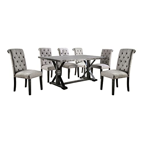 HOMES: Inside + Out Carpinero Farmhouse Wood 7-Piece Dining Set, Rectangle Trestle Table with 6 Fabric Upholstered Tufted Side Chairs for Dining Room, Kitchen, Light Gray