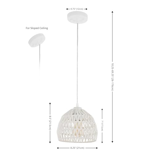 Image of JONATHAN Y 8.25 inch White Modern Bohemian Woven Rope LED Pendant Light Fixture, Adjustable Dome Ceiling Lamp for Kitchen Island, Rope Shade, Coastal Farmhouse Decor (JYL6512A)