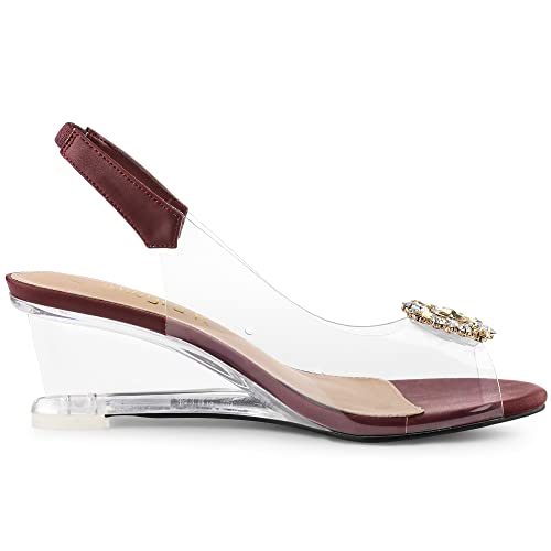 Allegra K Allegra K Women's Rhinestone Clear Wedges Burgundy Heels Sandals 8 M US