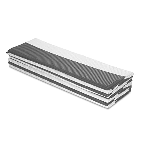 Fh Home Outdoor Rug - Waterproof, Fade Resistant, Reversible - Premium Recycled Plastic - Striped - Large Patio, Deck, Sunroom, Rv, Camping - Brittany Stripe - Gray & White - 9 X 12 Ft Foldable #TOP2