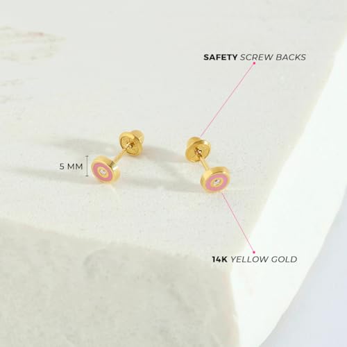 14k Yellow Gold Pink Enamel Round Screw Back Earrings With Clear Cubic Zirconia For Baby Girls and Toddlers - Children's Tiny Pink Earrings For Birthdays - Clear CZ Earrings for Kids4