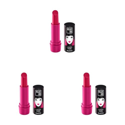Image of Elle 18 Color Pops Matte Lipstick, Deep Pink, Moisturising Bullet Matte, with Vitamin E, Highly Pigmented, Infused with Jojoba Oil and Shea Butter | 4.3 g (Pack of 3)