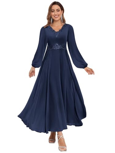 Women's Tea Length Mother of The Bride Dresses Long Sleeves V Neck Flowy Chiffon A Line Formal Evening Gown