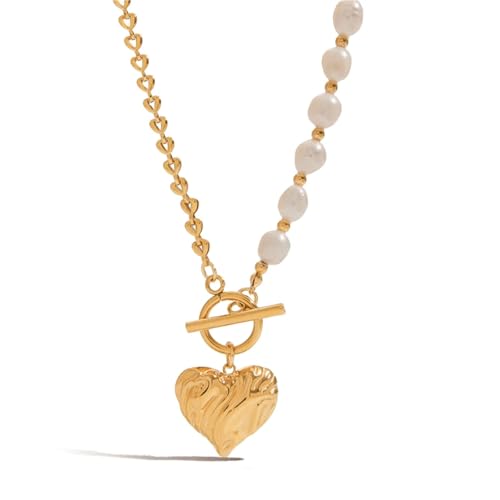 Collier perles naturelles pendentif cœur chaîne acier inoxydable fait main bijou tendance 1pc